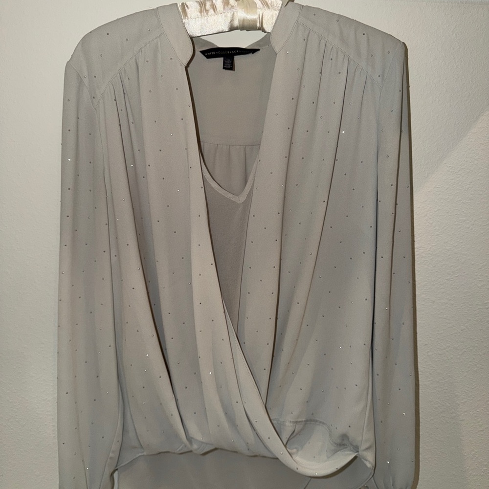 White House Black Market Light Taupe Wrap Blouse with Subtle Sparkle, size 10